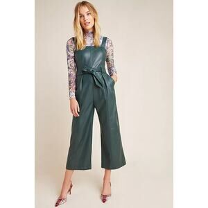 Anthropologie Samira Faux Leather Wide Leg Jumpsuit Hunter Green Belted Size 2
